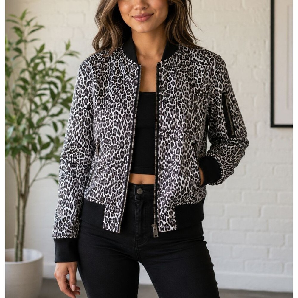 Levi's Strauss & Co. Women's Leopard Print Bomber Jacket Black White Medium
